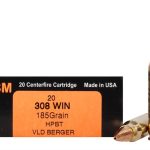 HSM Trophy Gold Ammunition 308 Winchester 185 Grain Berger Hunting VLD Hollow Point Boat Tail Box of 20