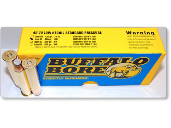 307493.jpg Buffalo Bore Ammunition 45-70 Government 405 Grain Jacketed Flat Nose Low Recoil Standard Pressure Full Power Box of 20 - Image 1