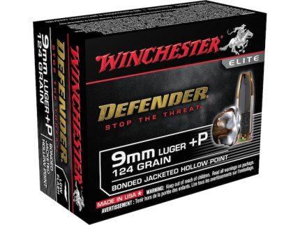 Winchester Defender Ammunition 9mm Luger +P 124 Grain Bonded Jacketed Hollow Point
