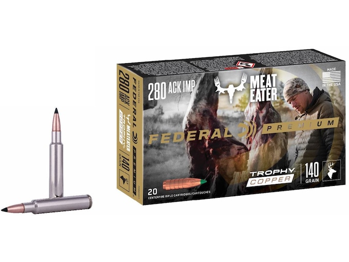 658401.jpg Federal Premium Meat Eater Ammunition 280 Ackley Improved 140 Grain Trophy Copper Tipped Boat Tail Lead-Free Box of 20 - Image 1