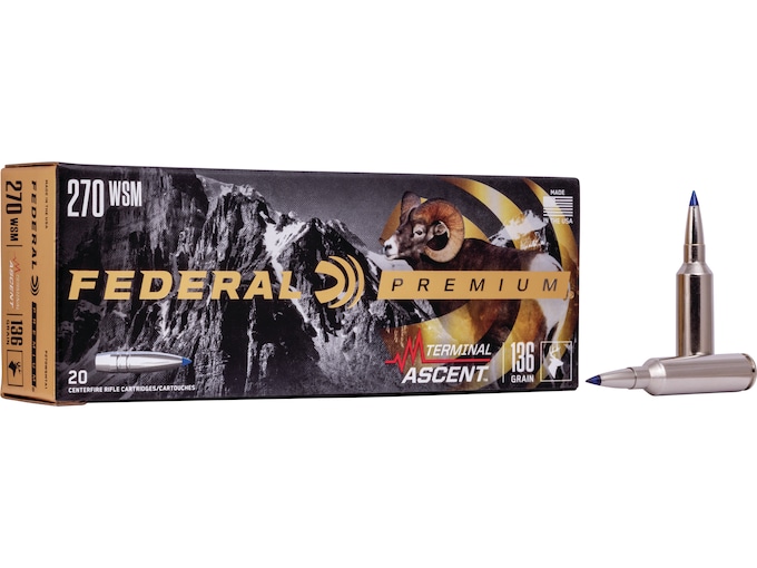 708666.jpg Federal Premium Terminal Ascent Ammunition 270 Winchester Short Magnum (WSM) 136 Grain Polymer Tip Bonded Boat Tail Box of 20 - Image 1