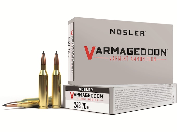 782489.jpg Nosler Varmageddon Ammunition 243 Winchester 70 Grain Polymer Tip Flat Base Box of 20 - Image 1
