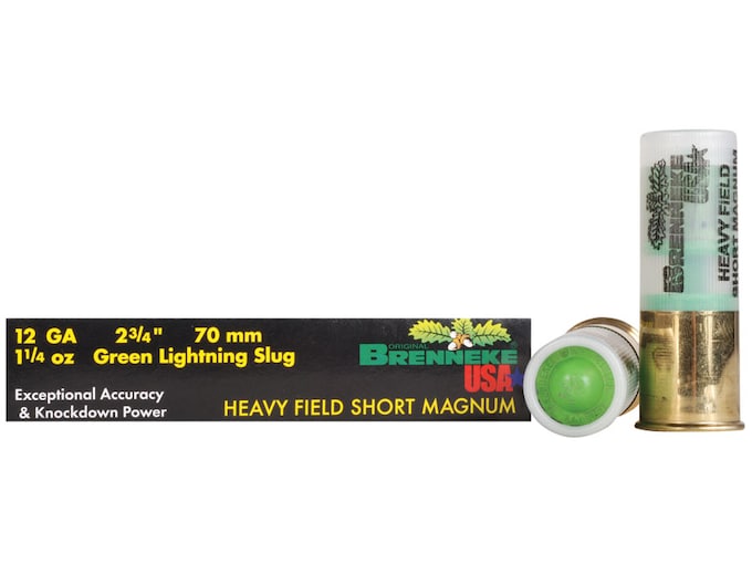 Brenneke Green Lightning 12 Gauge Brenneke USA Green Lightning Heavy Field Short Magnum Ammunition 12 Gauge 2-3/4" 1-1/4 oz Lead Rifled Slug Box of 5 - Image 1
