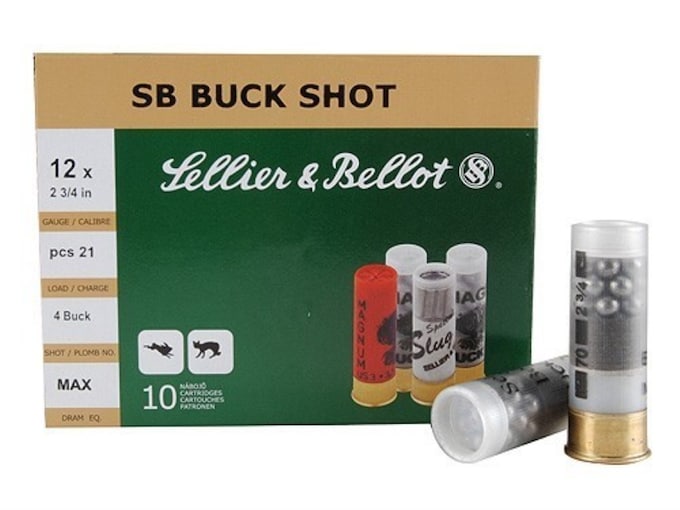 990389.jpg Sellier & Bellot Ammunition 12 Gauge 2-3/4" #4 Buckshot 21 Pellets Box of 10 - Image 1